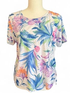 Alfred Dunner White Short Sleeve Tee with Blue, Pink & Green Floral Print